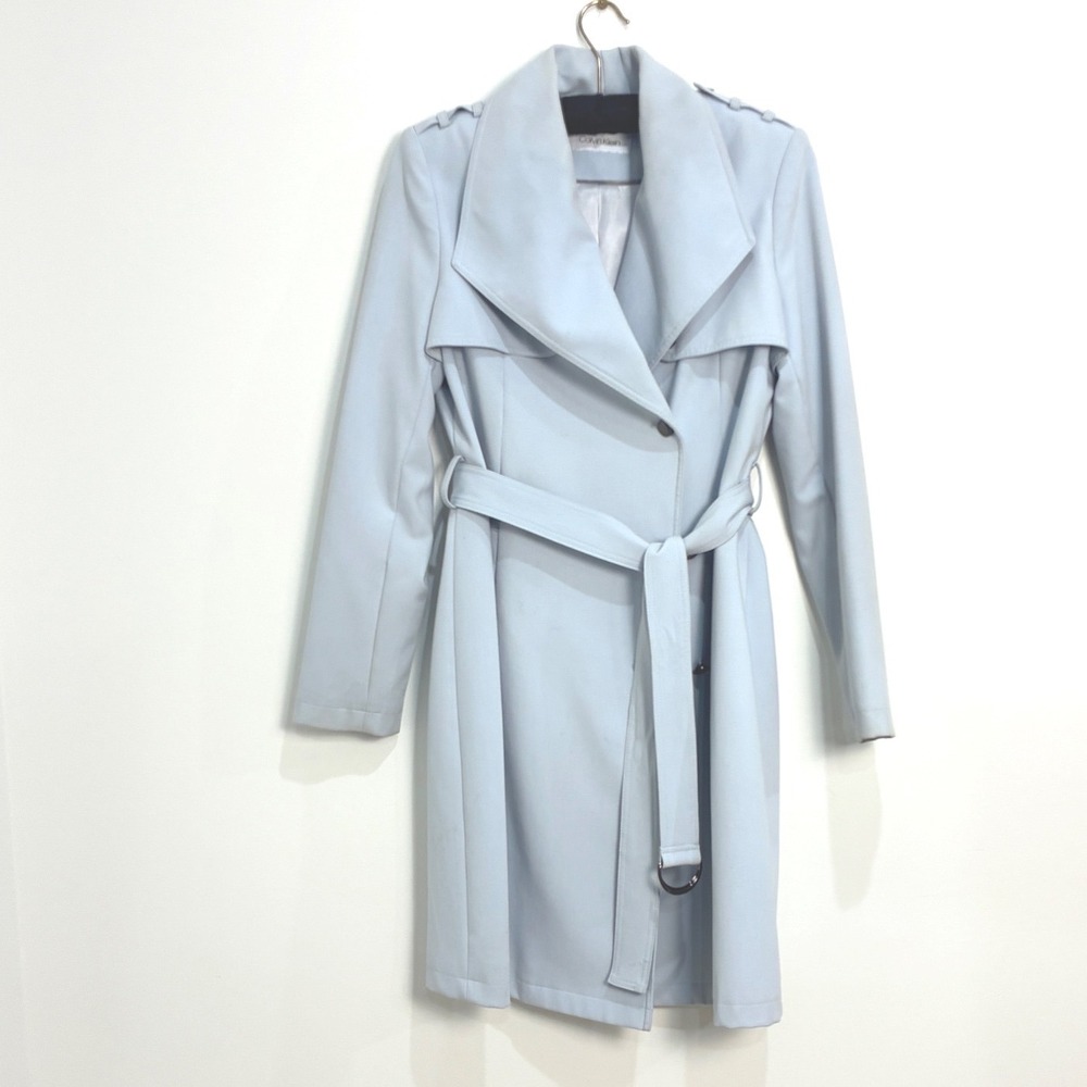 Calvin Klein Trench Coat Light Blue Pastel Minimalist Chic Medium